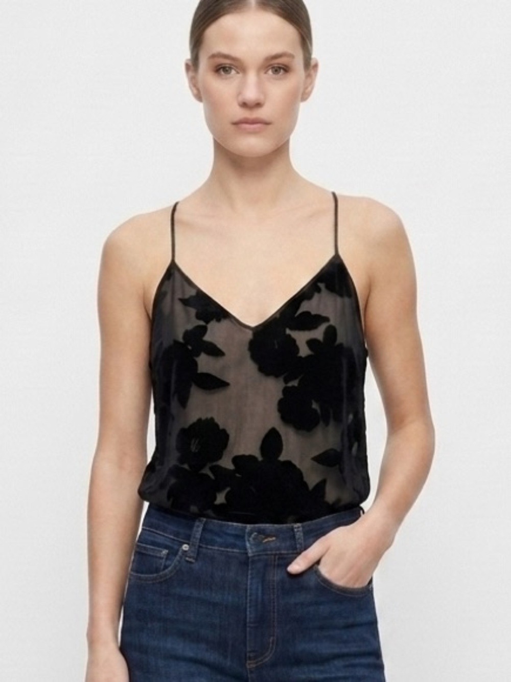 Tibi Black Floral Velvet-Print Sheer Cami